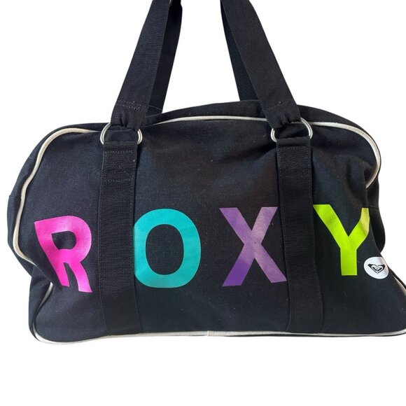 Vtg Y2K Roxy Duffle Travel Bag Black / Neon Large Logo Overnight Carry On Travel - Picture 2 of 6